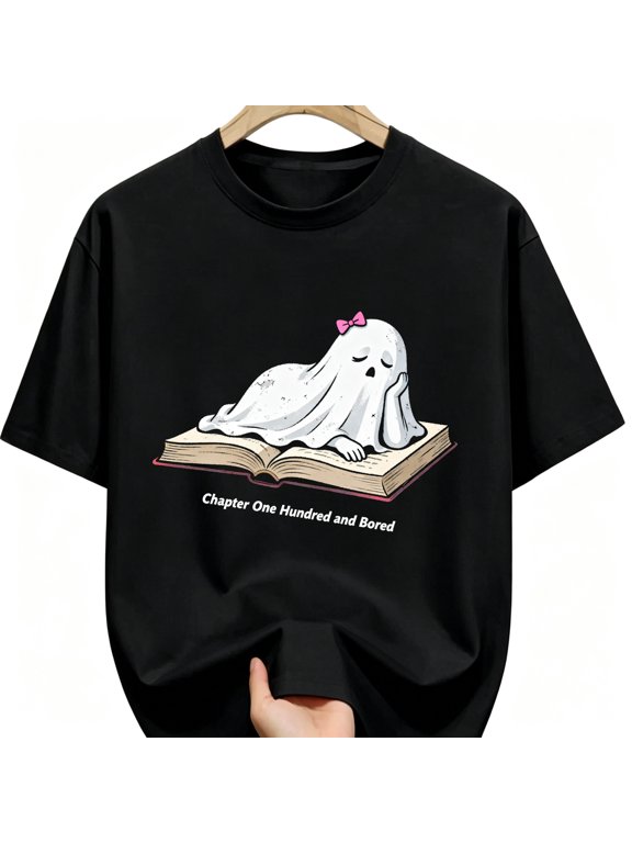 Sleepy Pink Bow Ghost Resting On Open Book Halloween Cotton Unisex Graphic T-Shirt