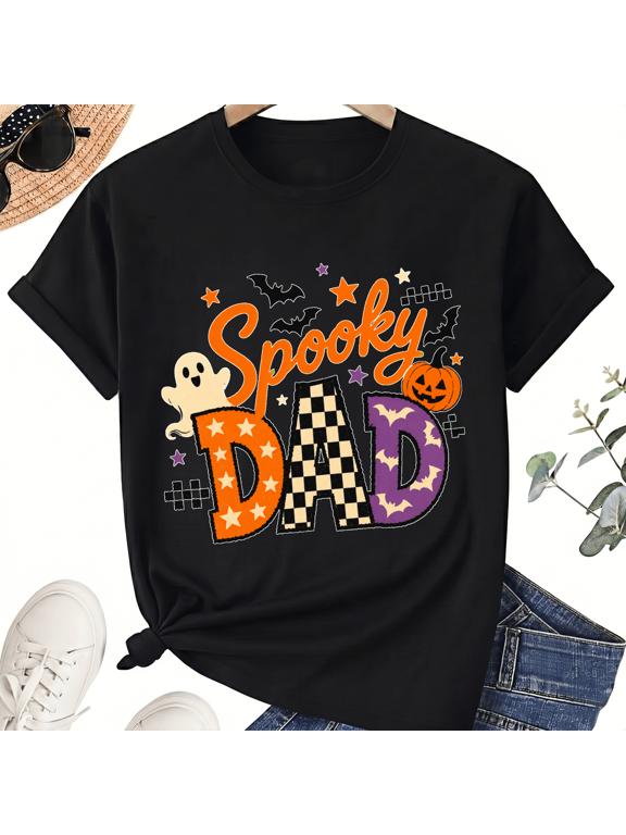 Spooky Dad Checkered Letters Halloween Ghost Pumpkin Cotton Unisex Graphic T-Shirt