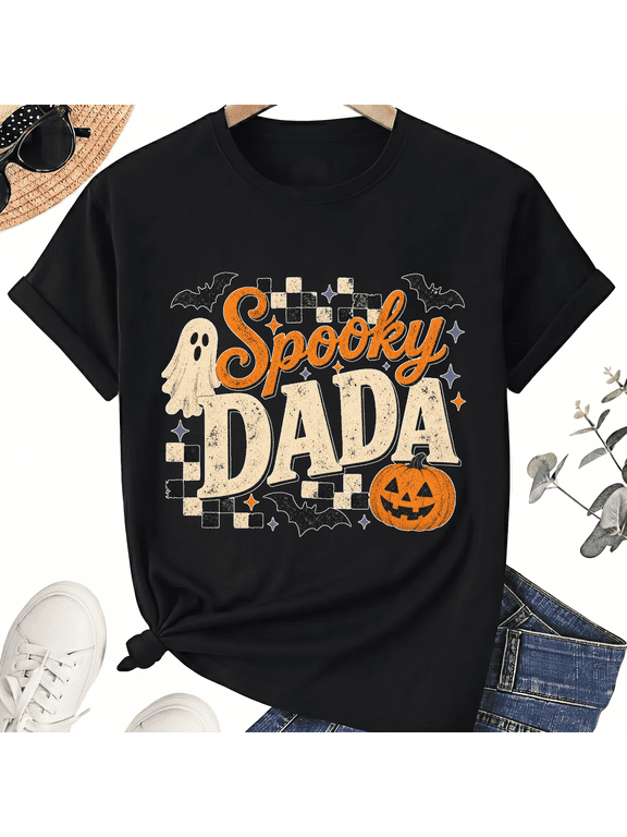 Spooky Dada Cute Halloween Dad Ghost Script Pumpkin Checkered Cotton Unisex Graphic T-Shirt