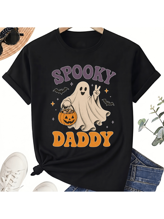 Spooky Daddy Cute Halloween Dad Ghost Peace Pumpkin Cotton Unisex Graphic T-Shirt
