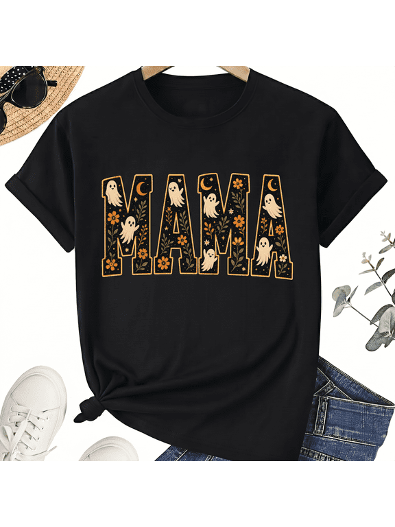 Spooky Mama Mom Floral Ghost Letters Cute Halloween for Women Cotton Graphic T-Shirt