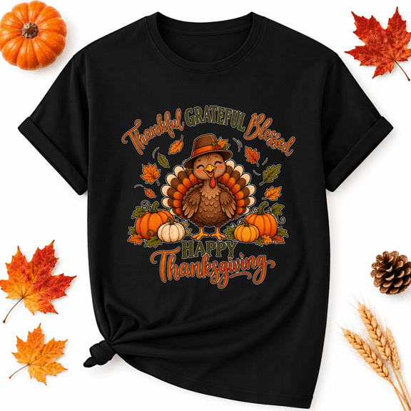 KeHetSoft Thankful Grateful Blessed Thanksgiving Turkey Cotton Graphic Unisex T-Shirt