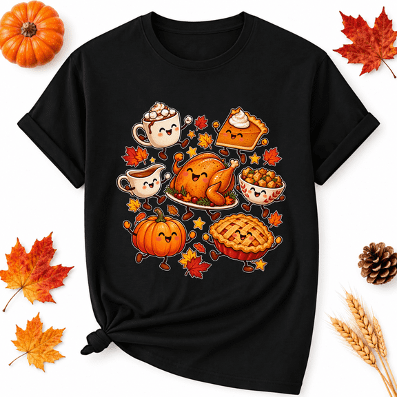 KeHetSoft Thanksgiving Dinner Food Characters Cotton Graphic Unisex T-Shirt