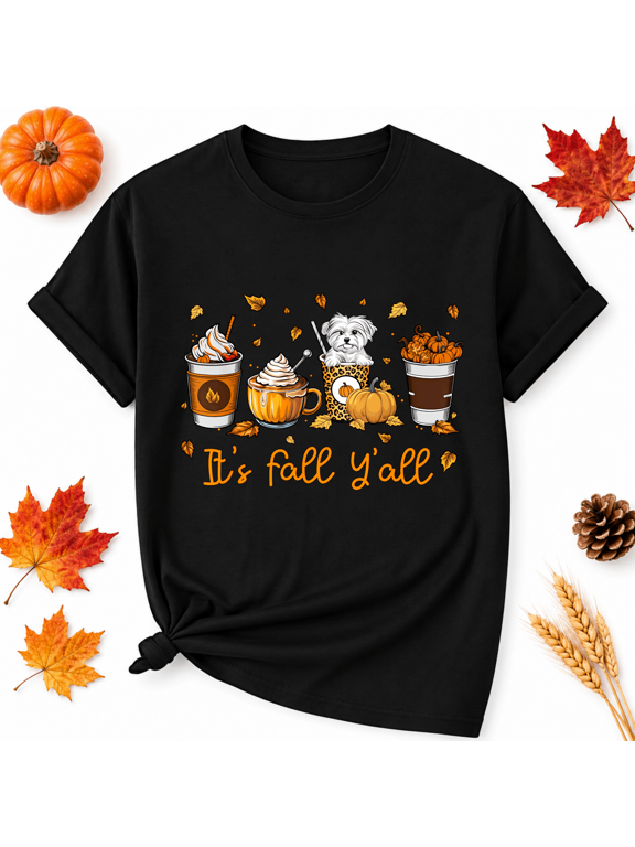 Thanksgiving Fall Dog And Pumpkin Drinks Cotton Graphic Unisex T-Shirt