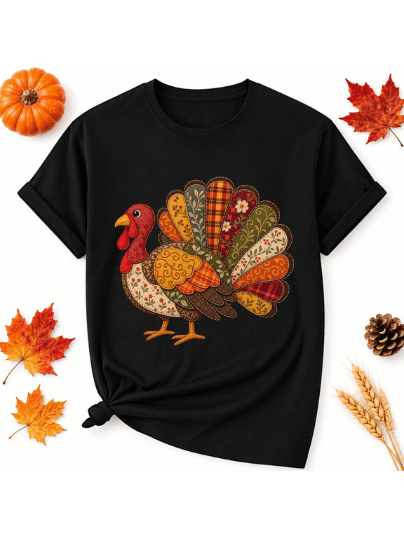 Thanksgiving Floral Feather Turkey Cotton Graphic Unisex T-Shirt