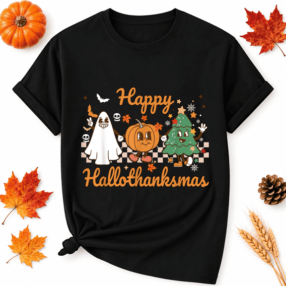 KeHetSoft Thanksgiving Hallothanksmas Friendly Characters Cotton Graphic Unisex T-Shirt