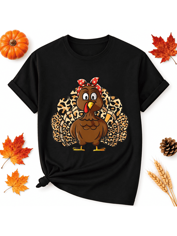 Thanksgiving Leopard Bow Turkey Cotton Graphic Unisex T-Shirt