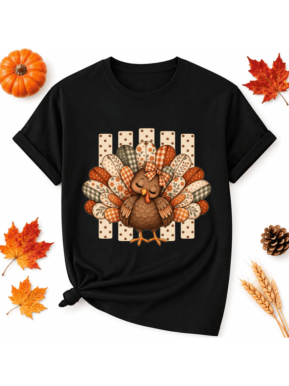Thanksgiving Patchwork Tail Turkey Cotton Graphic Unisex T-Shirt