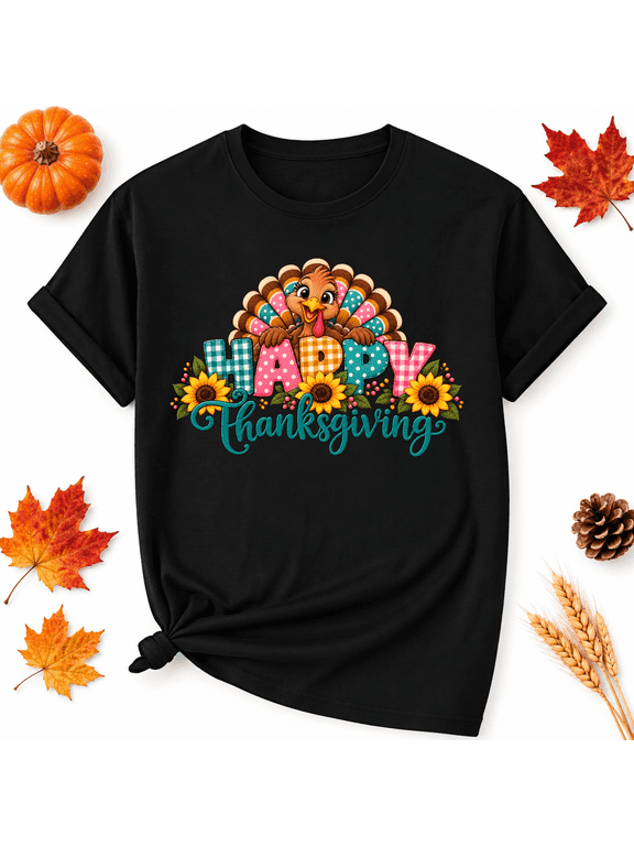 Thanksgiving Patchwork Turkey Vibes Cotton Graphic Unisex T-Shirt