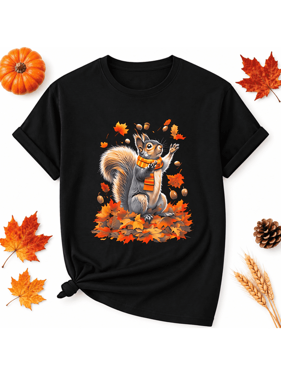 Thanksgiving Scarf Squirrel In Leaves Cotton Graphic Unisex T-Shirt