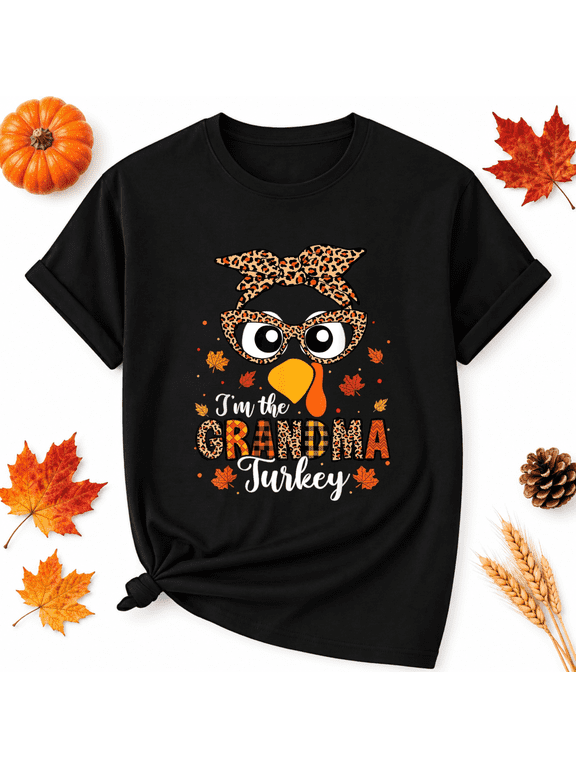 Thanksgiving Women's Grandma Turkey Leopard Bow Cotton Graphic T-Shirt