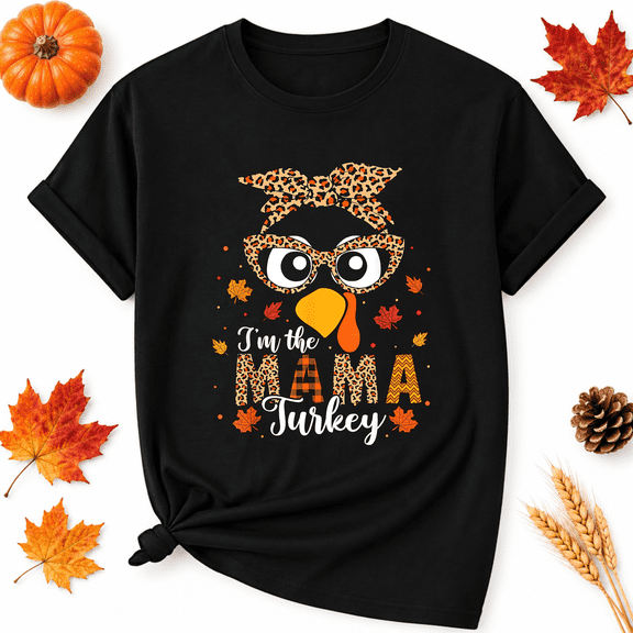 KeHetSoft Thanksgiving Women's Mama Turkey With Leopard Bow Cotton Graphic T-Shirt