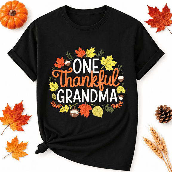 KeHetSoft Thanksgiving Women's Thankful Grandma Leaves Cotton Graphic T-Shirt