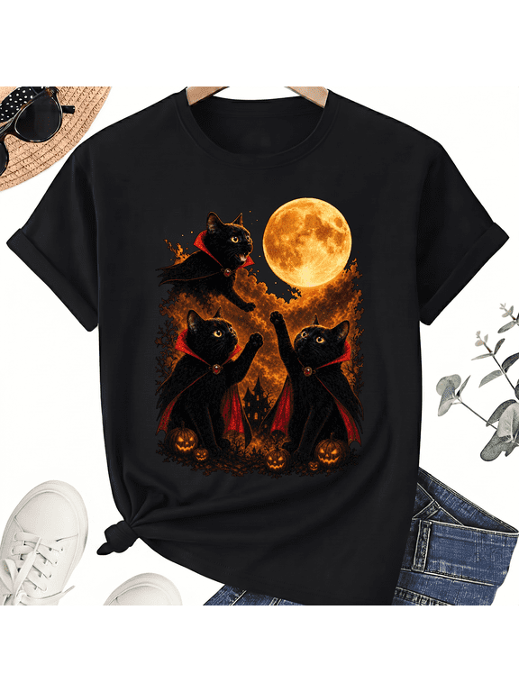 Three Vampire Cape Black Cats Full Moon Spooky Halloween Cat Lover Cotton Unisex Graphic T-Shirt