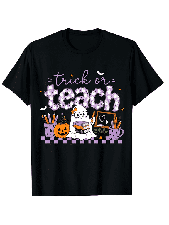 Trick Or Teach Chalkboard Ghost Teacher Halloween Unisex Graphic T-Shirt