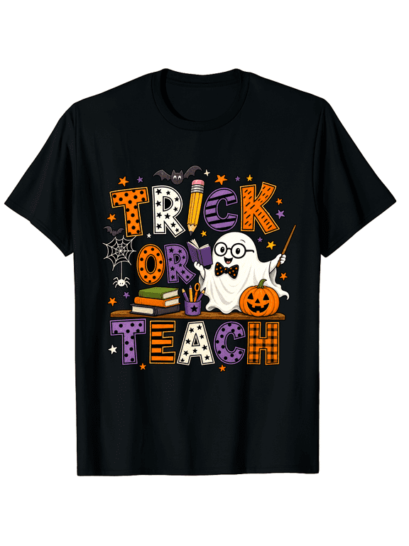 Trick Or Teach Spiderweb Ghost Teacher Halloween Unisex Graphic T-Shirt