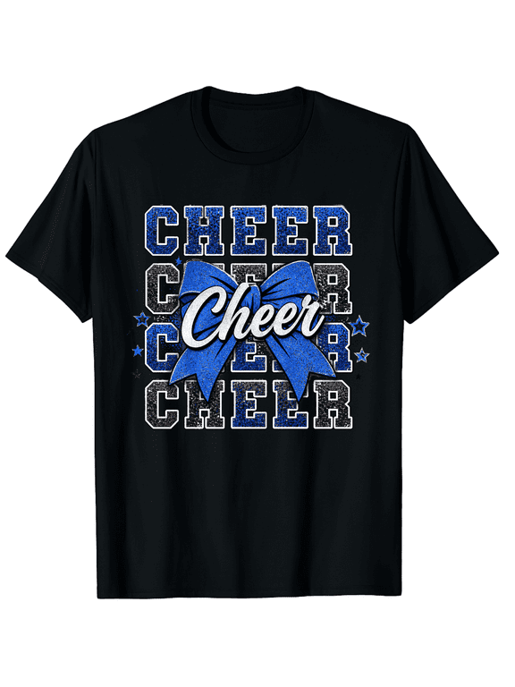 Unisex Blue Glitter Bow Cheer Cotton Graphic T-Shirt