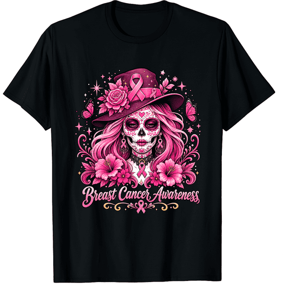 KeHetSoft Unisex Floral Sugar Skull Breast Cancer Awareness Cotton Graphic T-Shirt