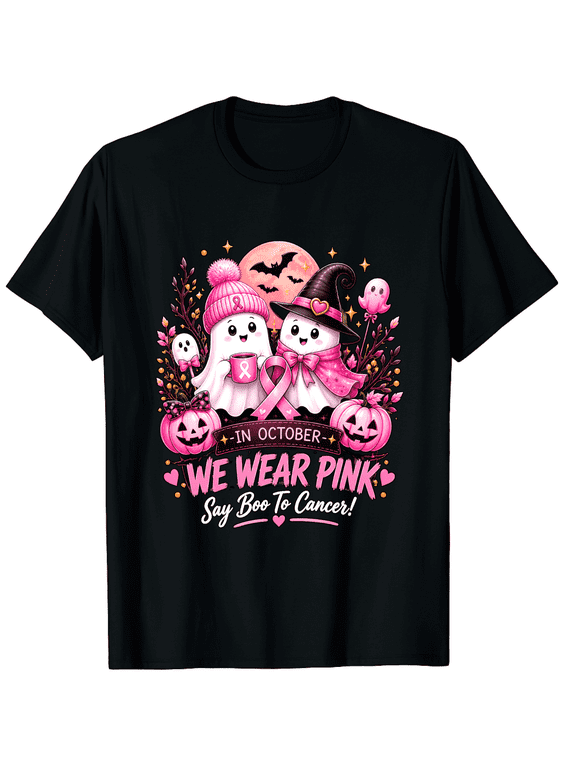Unisex Ghost Family Pink Ribbon Support Cotton Graphic T-Shirt