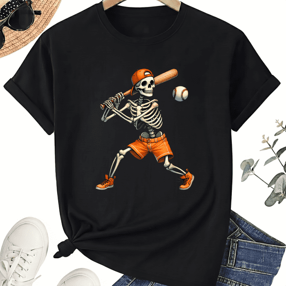 KeHetSoft Unisex Halloween Baseball Skeleton Cotton Graphic T-Shirt