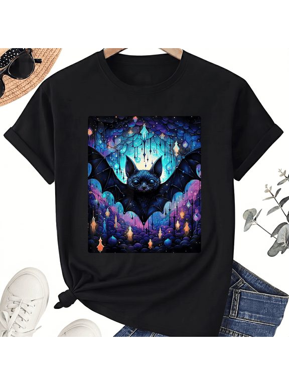 Unisex Halloween Bat Forest Night Cotton Graphic T-Shirt