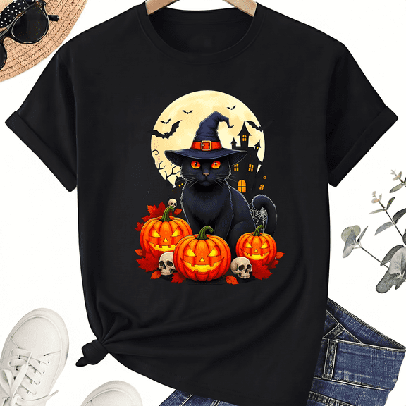 KeHetSoft Unisex Halloween Black Cat Witch Cotton Graphic T-Shirt