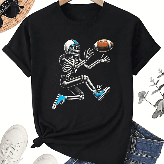KeHetSoft Unisex Halloween Catching Football Skeleton Cotton Graphic T-Shirt