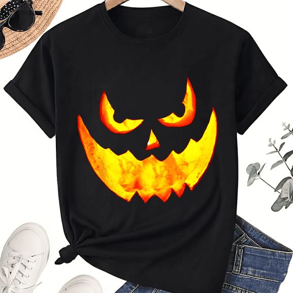 KeHetSoft Unisex Halloween Flaming Pumpkin Face Cotton Graphic T-Shirt