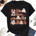 thumbnail image 1 of KeHetSoft Unisex Halloween Ghost Bookshelf Cotton Graphic T-Shirt, 1 of 7
