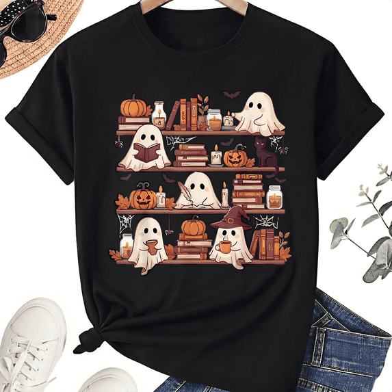 KeHetSoft Unisex Halloween Ghost Bookshelf Cotton Graphic T-Shirt