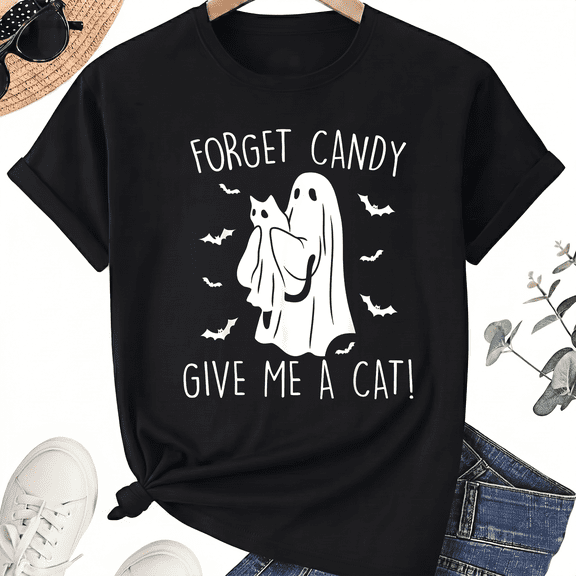 KeHetSoft Unisex Halloween Ghost Cat Cotton Graphic T-Shirt