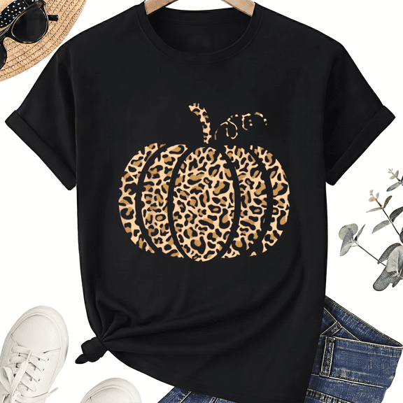 KeHetSoft Unisex Halloween Leopard Pumpkin Cotton Graphic T-Shirt