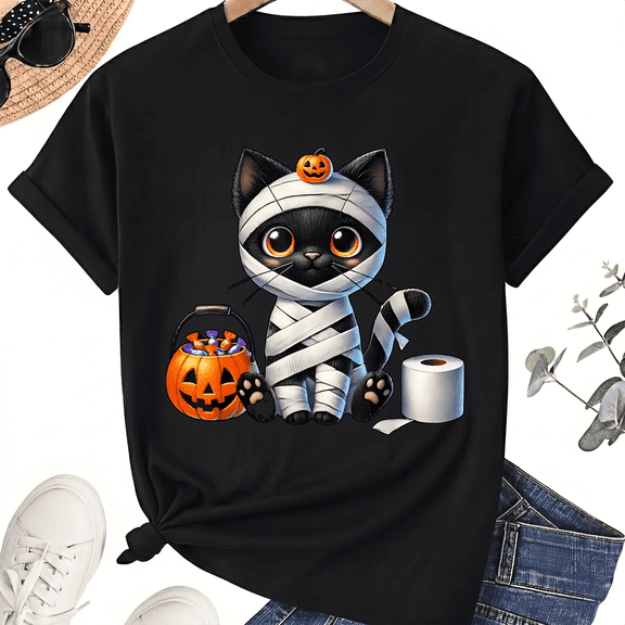 KeHetSoft Unisex Halloween Mummy Cat Cotton Graphic T-Shirt