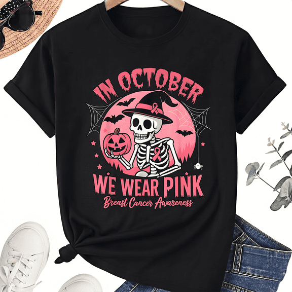 KeHetSoft Unisex Halloween Pink Skeleton Awareness Cotton Graphic T-Shirt