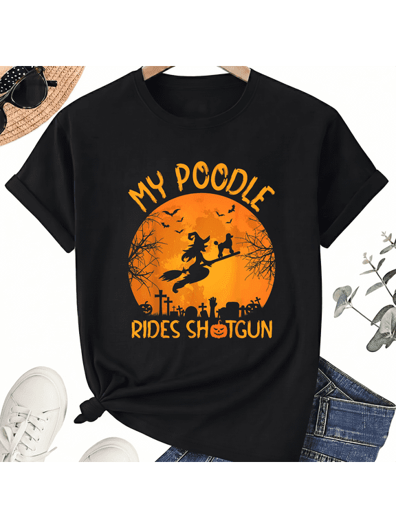 Unisex Halloween Poodle Witch Cotton Graphic T-Shirt