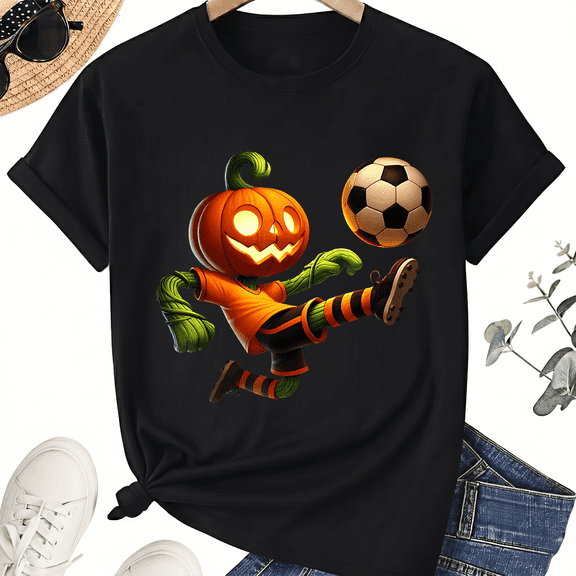 KeHetSoft Unisex Halloween Pumpkin Soccer Cotton Graphic T-Shirt