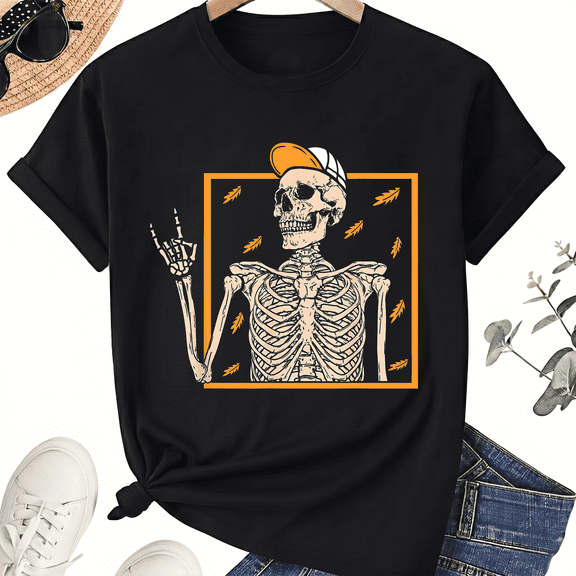 KeHetSoft Unisex Halloween Retro Skater Skeleton Cotton Graphic T-Shirt