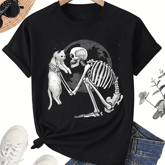 KeHetSoft Unisex Halloween Skeleton Cat Dance Cotton Graphic T-Shirt