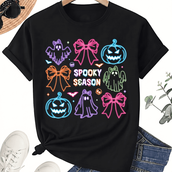 KeHetSoft Unisex Halloween Spooky Season Bows Cotton Graphic T-Shirt