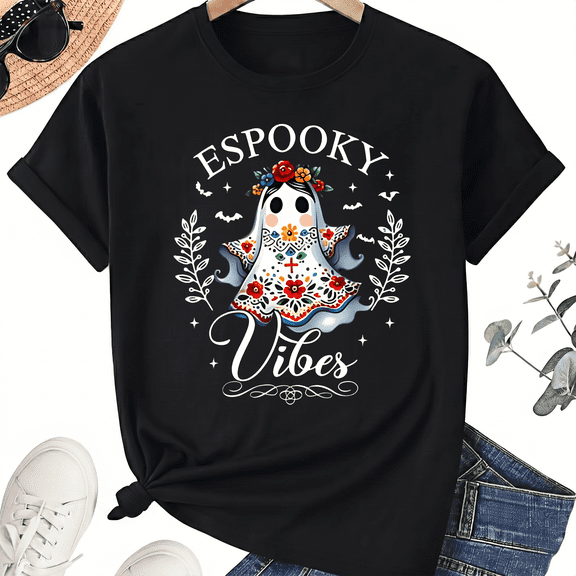 KeHetSoft Unisex Halloween Spooky Vibes Ghost Cotton Graphic T-Shirt