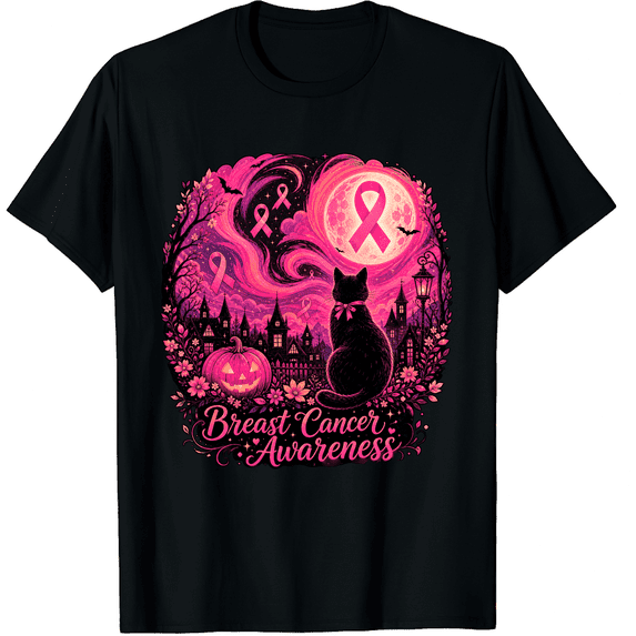 KeHetSoft Unisex Moonlit Cat Breast Cancer Awareness Cotton Graphic T-Shirt