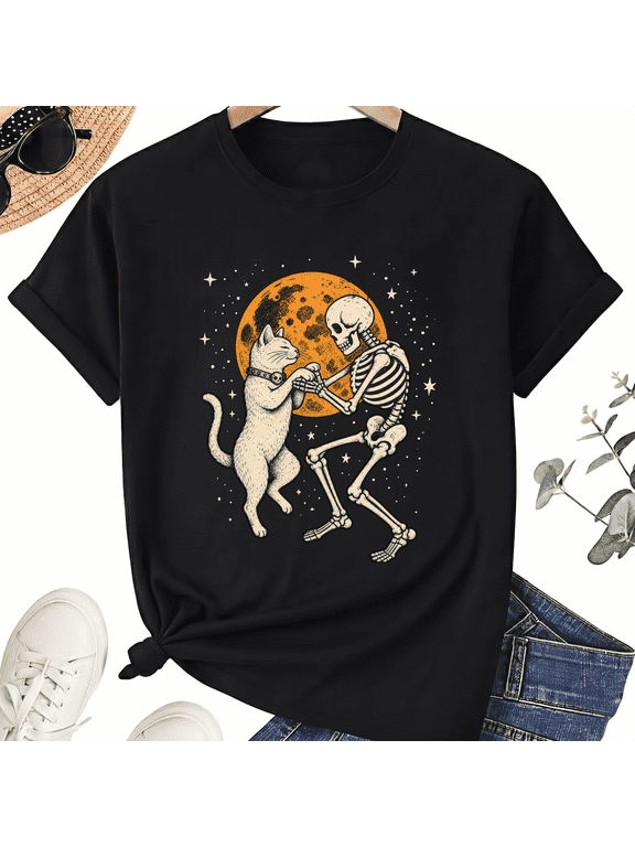 White Cat Dancing With Skeleton Orange Moon Stars Halloween Cotton Unisex Graphic T-Shirt