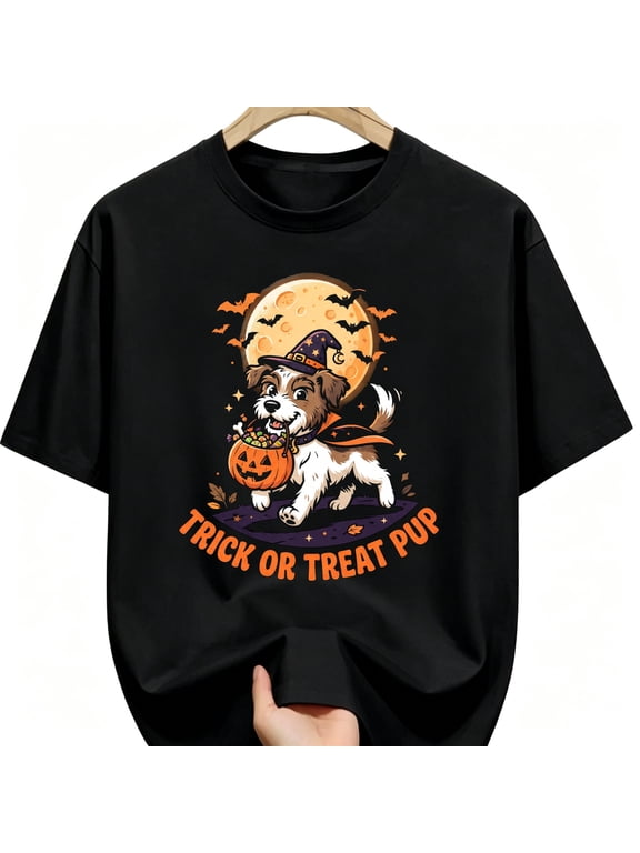 Witch Hat Terrier Dog Cape Pumpkin Candy Pail Halloween Cotton Unisex Graphic T-Shirt