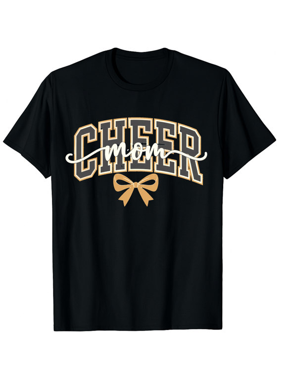 Women's Gold Varsity Bow Cheer Mom Cotton Graphic T-Shirt
