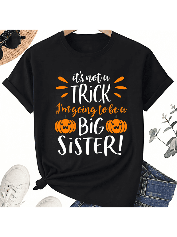 Women's Halloween Big Sister Pumpkin Cotton Graphic T-Shirt