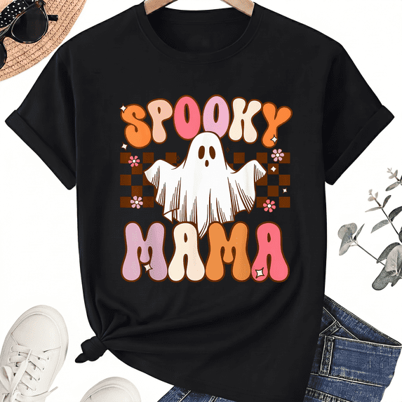 KeHetSoft Women's Halloween Spooky Mama Cotton Graphic T-Shirt
