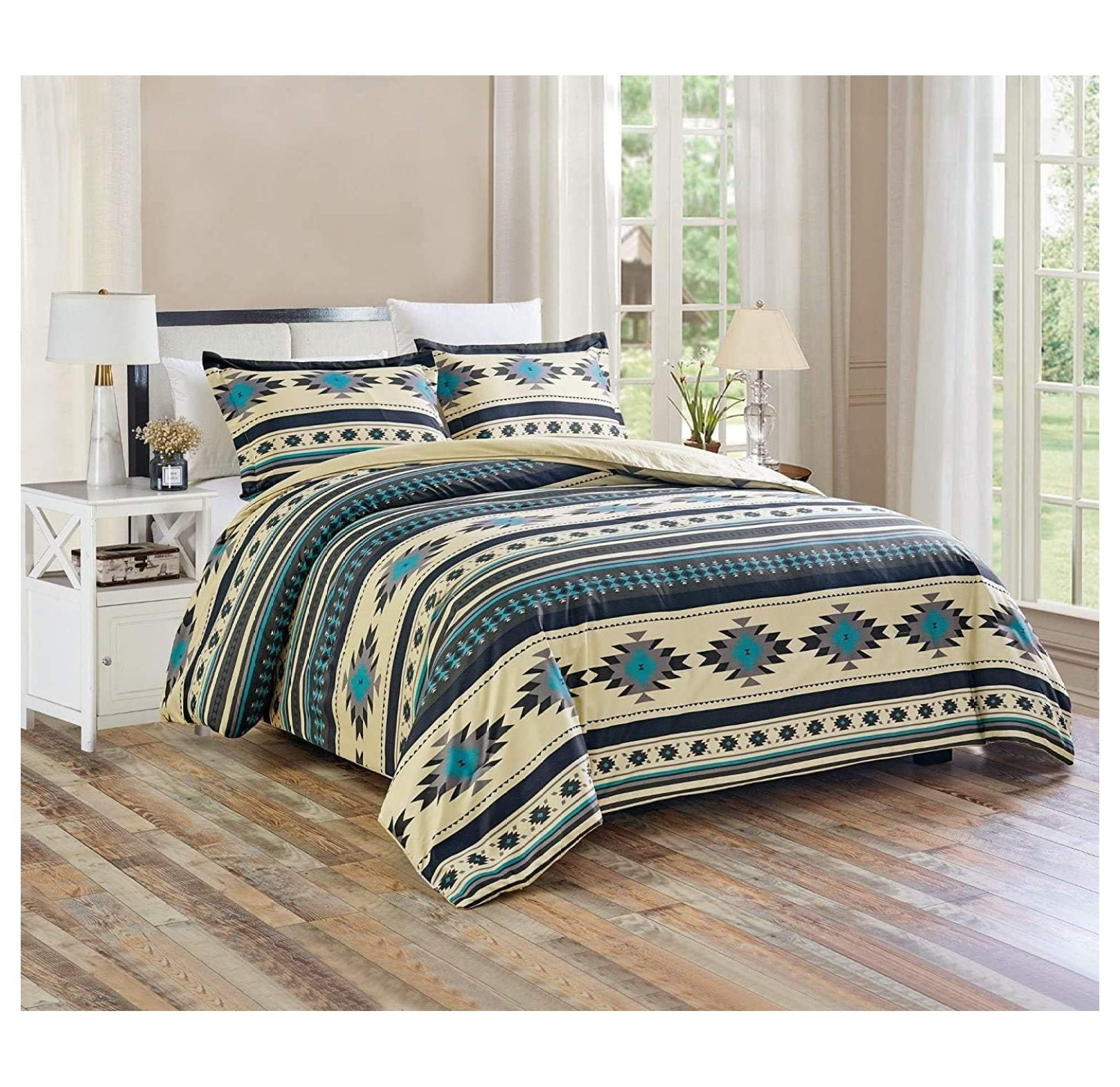 KeLiang 3-Piece Southwestern Geometric Tribal Multicolor Teal Beige Black Gray Comforter Set, Queen Size