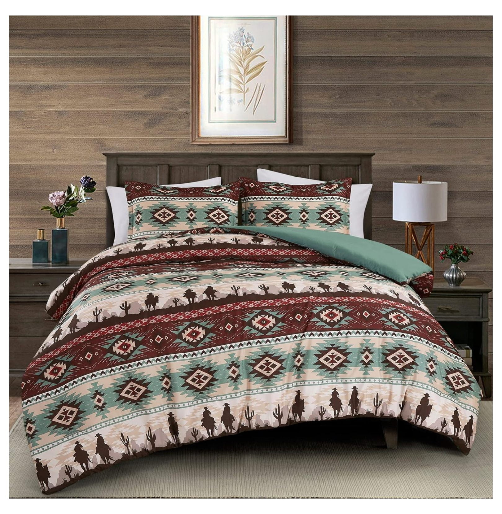 KeLiang Audun 2-Piece Southwestern Aztec Comforter Set - Multicolor Teal Brown Beige Tan Red Printed Washed Microfiber Bedding, Size