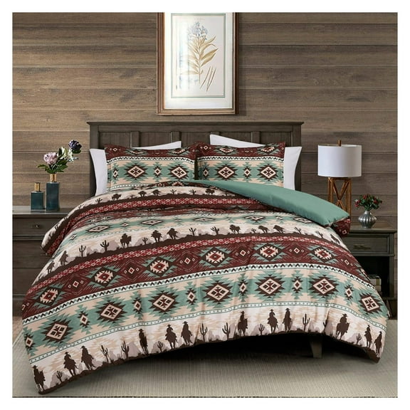 KeLiang Audun 2-Piece Southwestern Aztec Comforter Set - Multicolor Teal Brown Beige Tan Red Printed Washed Microfiber Bedding, Size