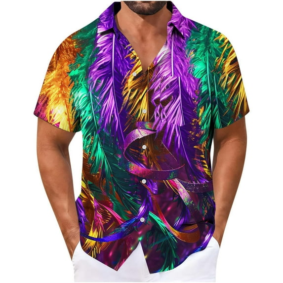 KeShDi 4x Men Button Up Short Sleeve Shirt Broadcloth Men's Carnival Printed Button Collar Mid Length Shirt Top Multicolor 5X